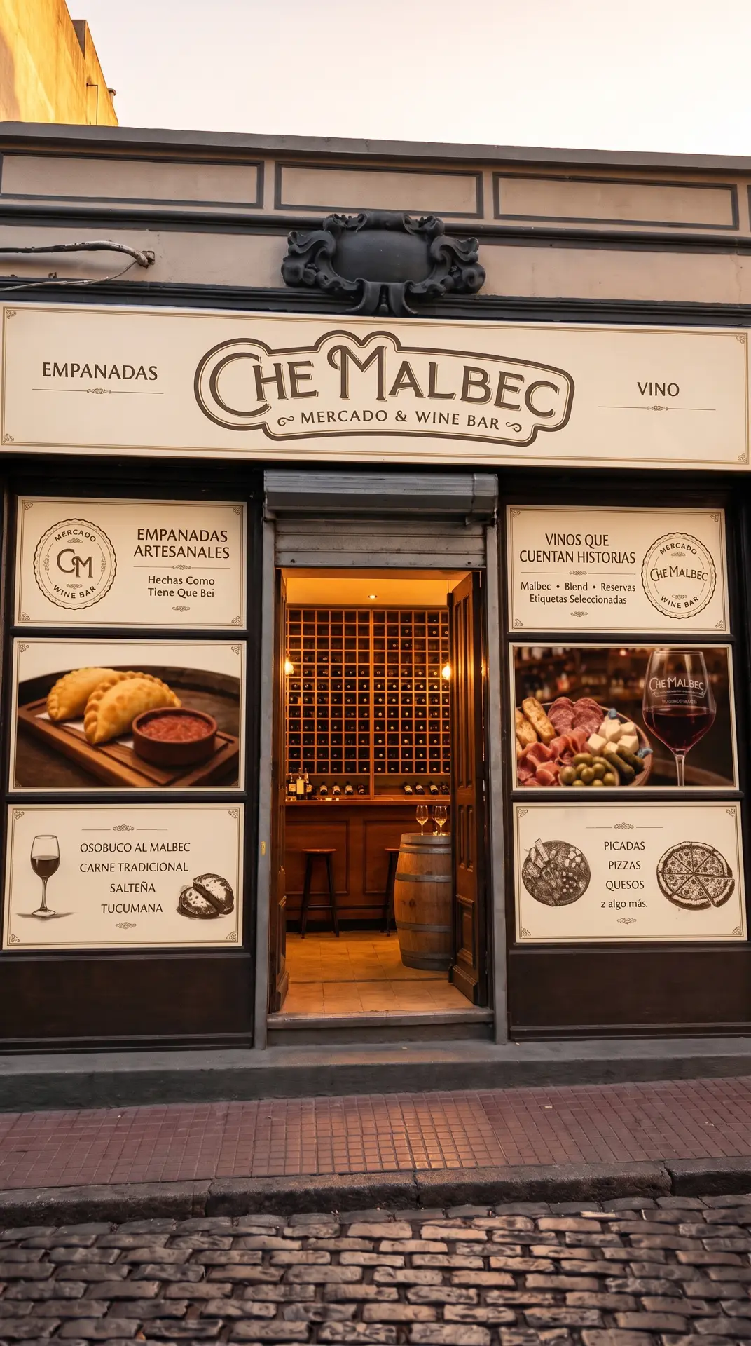 La puerta abierta de Che Malbec, con la pared de vinos adentro